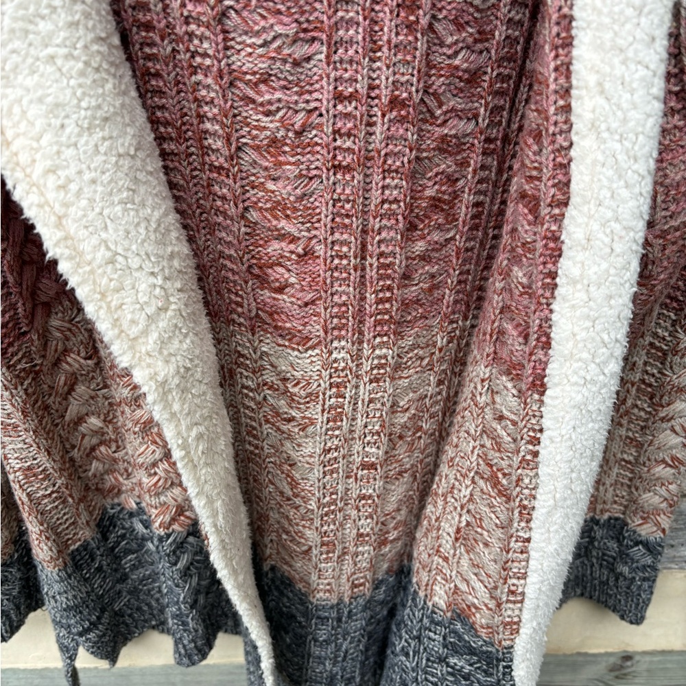Lety & Me Cozy Multicolor Knit Sherpa Trim Open-Front Cardigan with Hoodie M - Picture 7 of 7